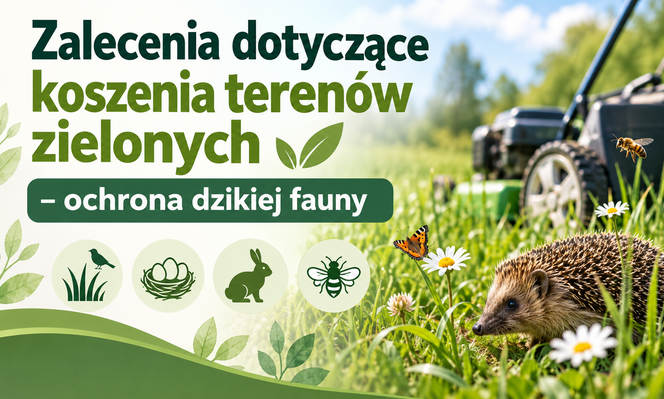 Grafika z napisem "Zalecenia dotyczące koszenia terenów zielonych – ochrona dzikiej fauny". Zdjęcie jeża na trawie, obok kosiarka. Ikony: rośliny, gniazdo, zając. Motyl i konik polny w tle.