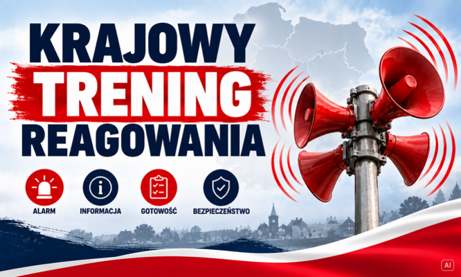 Plakat promujący "Krajowy Trening Reagowania" z czerwoną syreną alarmową na tle nieba. W tle zarys mapy kraju. Ikony oznaczające alarm, informację, gotowość i bezpieczeństwo.