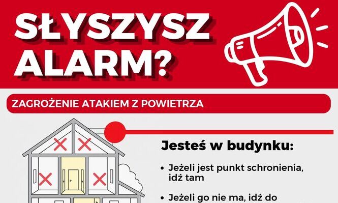Ostrzeżenie o ataku z powietrza. Instrukcje: W budynku - znajdź schronienie, unikaj okien. Na zewnątrz - idź do schronienia. Aplikacja "gdzieSchron" pomoże znaleźć schron.