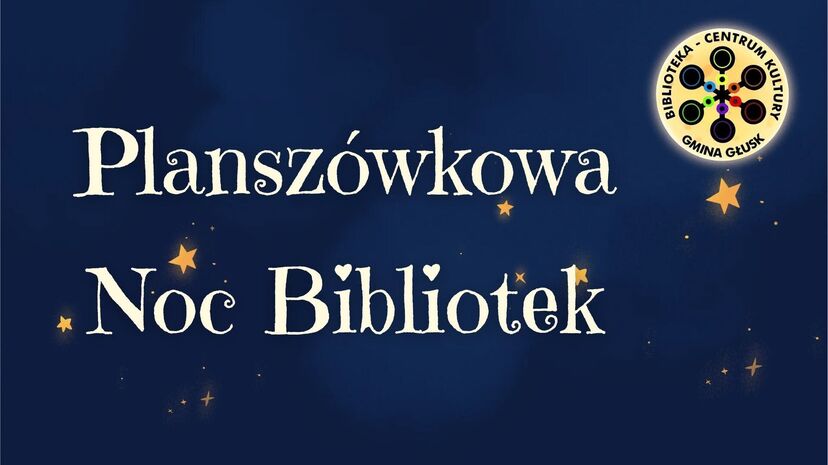 Grafika z napisem Planszówkowa Noc Bibliotek.