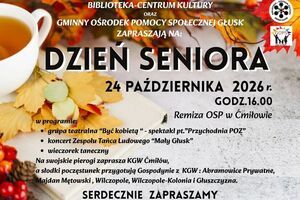 Plakat wydarzenia "Dzień Seniora" 24 października 2026 o 16:00 w Remizie OSP w Chmielowie. W programie m.in. występy teatralne, koncert zespołu ludowego i degustacja pierogów. Na stole jabłka, liście i kubek herbaty.