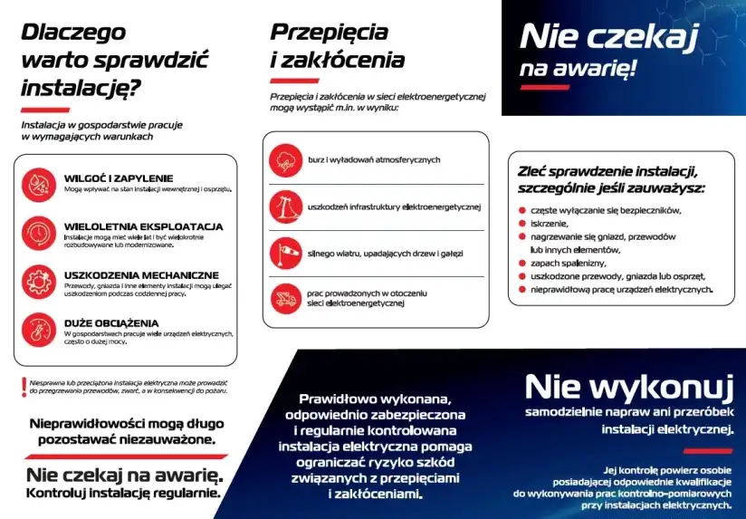 Dlaczego warto sprawdzić instalację elektryczną? Infografika wyjaśnia powody i skutki awarii, takie jak wilgoć, zużycie, uszkodzenia mechaniczne. Podkreśla znaczenie regularnych kontroli i unikanie samodzielnych napraw.