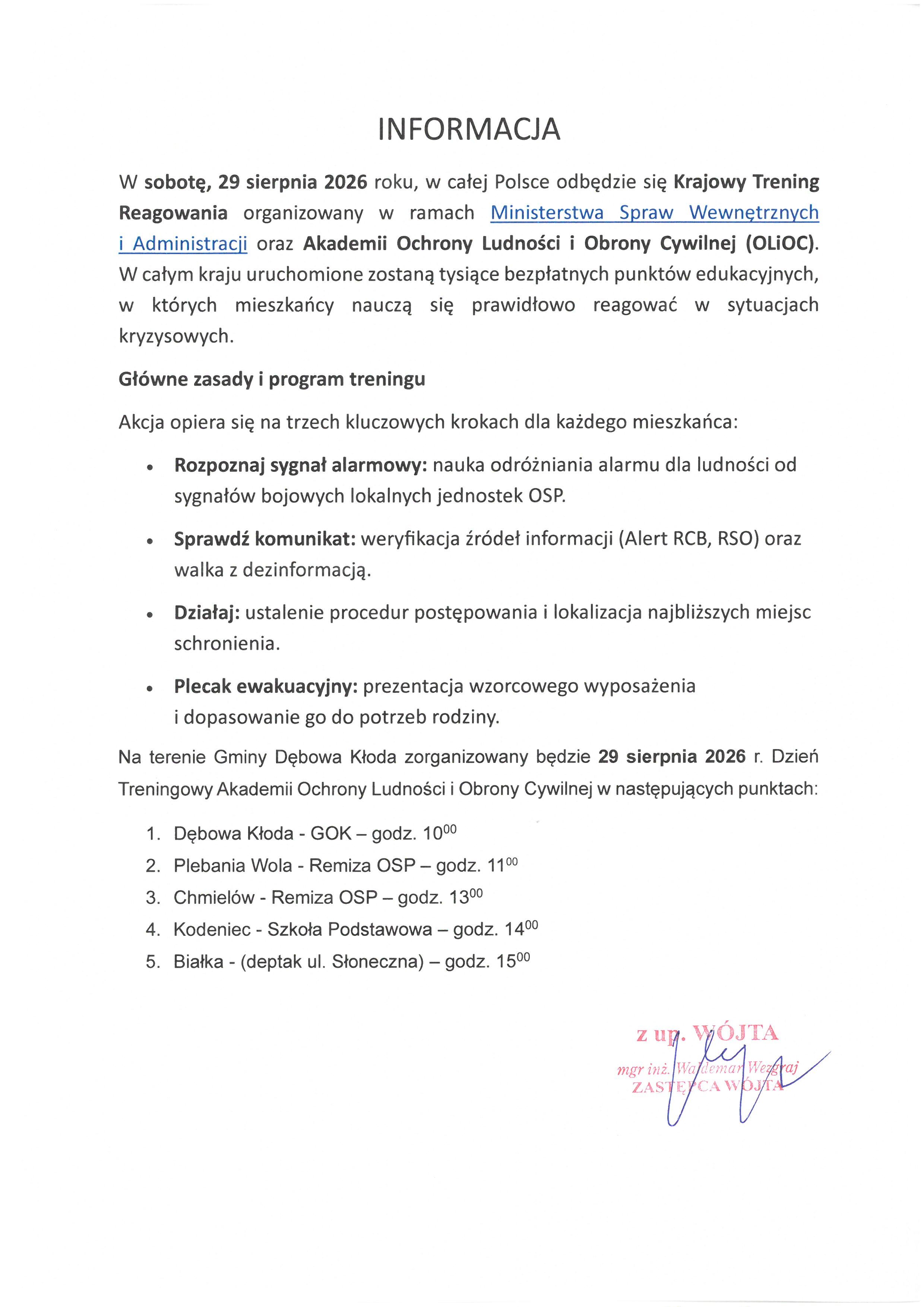 Plakat informacyjny o Krajowym Treningu Reagowania 29 sierpnia 2026. Zawiera szczeg&oacute;ły dotyczące sygnał&oacute;w alarmowych, etapy postępowania i zaproszenie na spotkanie w gminie Debowa Kłoda.