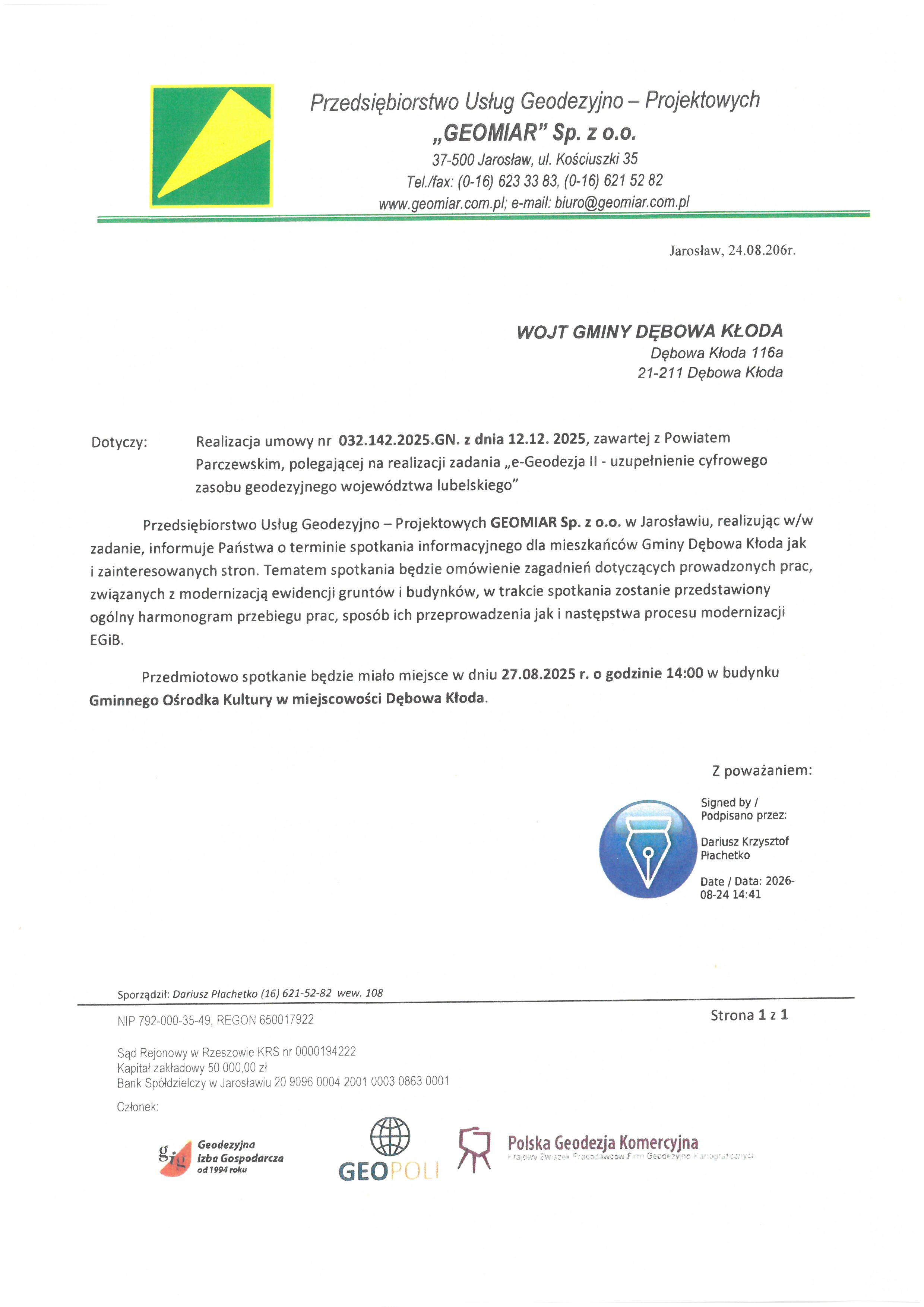 Dokument przedstawia zawiadomienie dotyczące realizacji umowy na obsługę geodezyjną dla gminy Dębowa Kłoda, z logotypami firm i kontaktami na g&oacute;rze. Na dole pokazano datę i miejsce zgromadzenia mieszkańc&oacute;w.