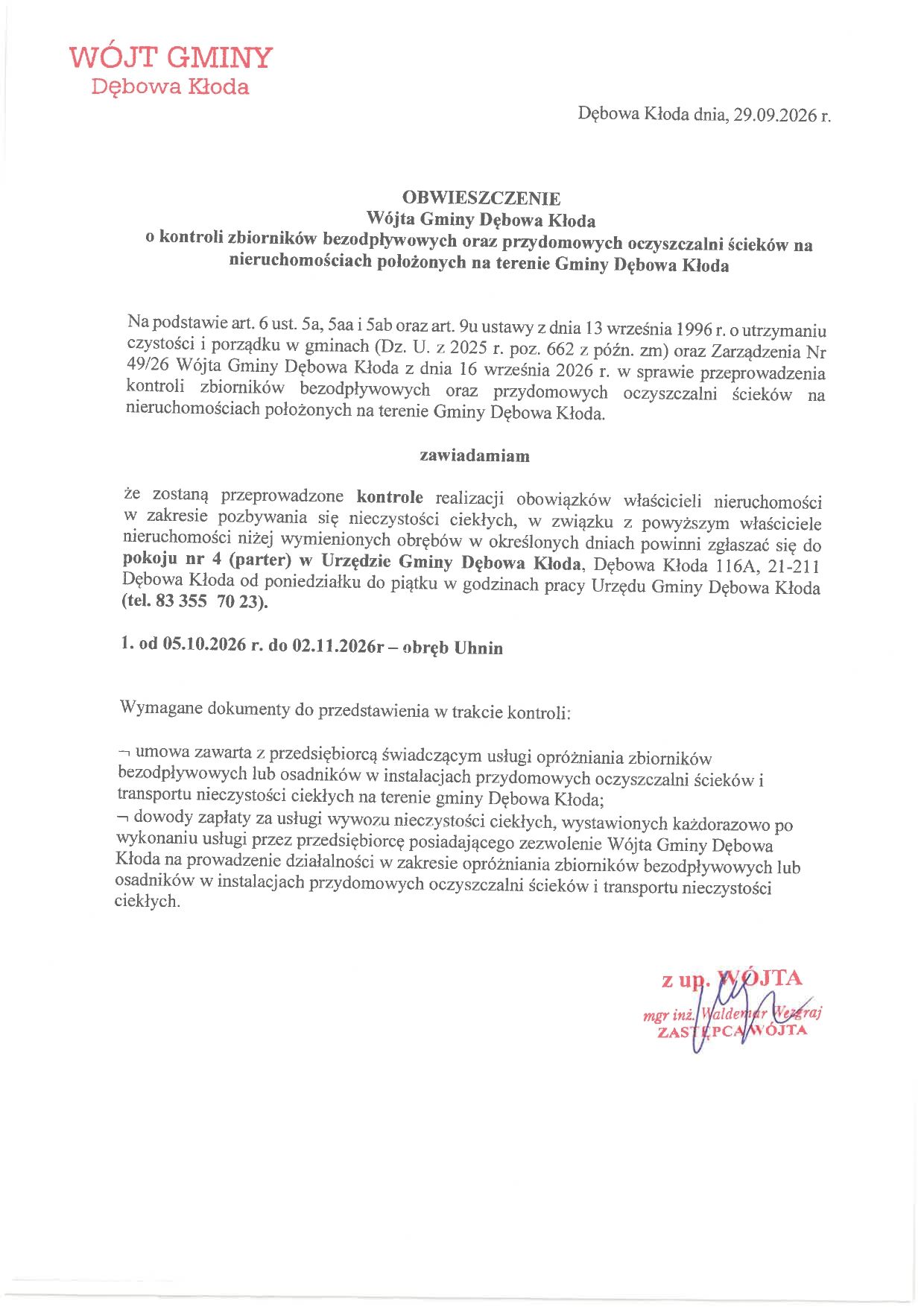 Dokument w formie pisma urzędowego z herbem i nagł&oacute;wkiem "W&oacute;jt Gminy". Zawiera informacje o przeprowadzeniu kontroli zbiornik&oacute;w bezodpływowych na terenie gminy Dębowa Kłoda.