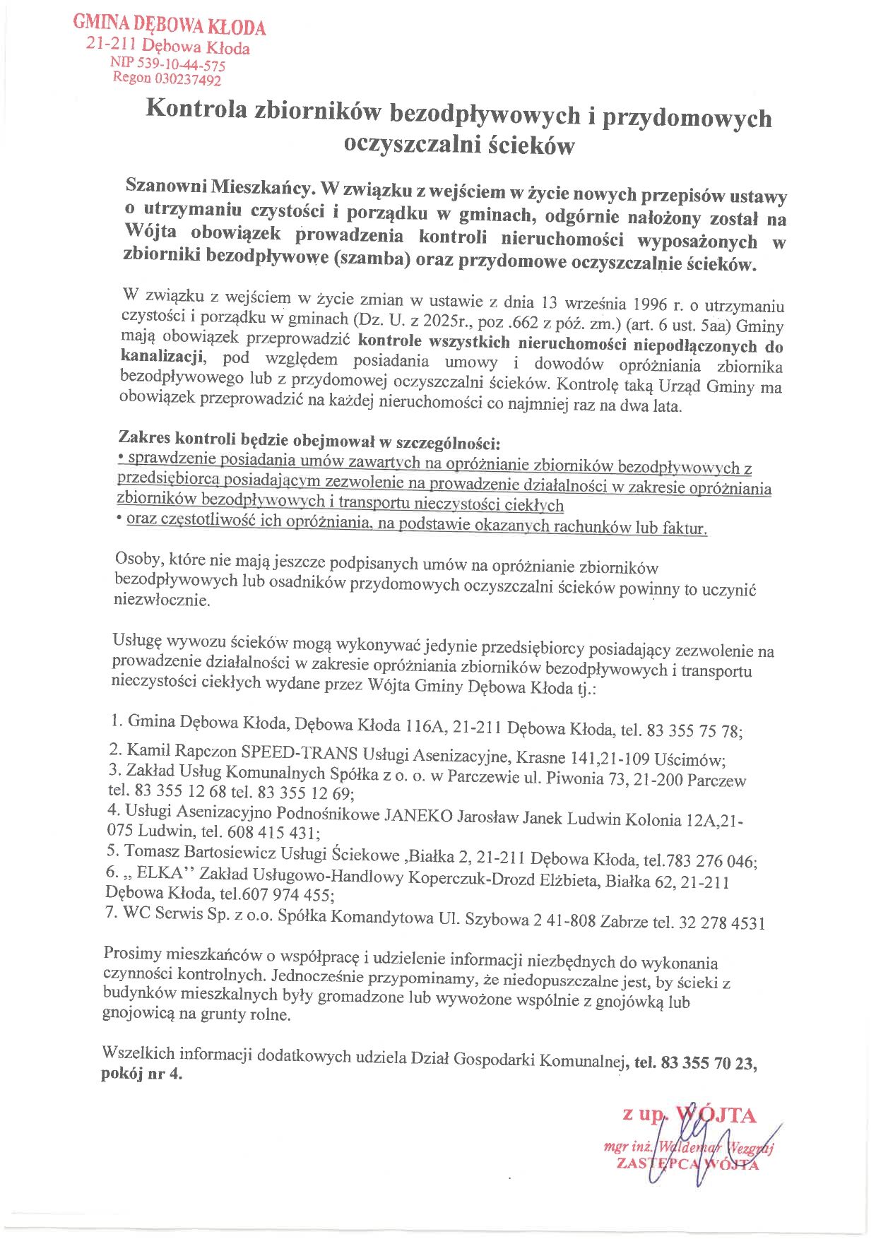 Kontrola zbiornik&oacute;w bezodpływowych i przydomowych oczyszczalni. W&oacute;jt przypomina o obowiązku utrzymania czystości zgodnie z art. 3 ust. 3, art. 6 ust. 5a i art. 9 ust. 3a. Szczeg&oacute;ły dotyczące zgłaszania i prowadzenia kontroli.