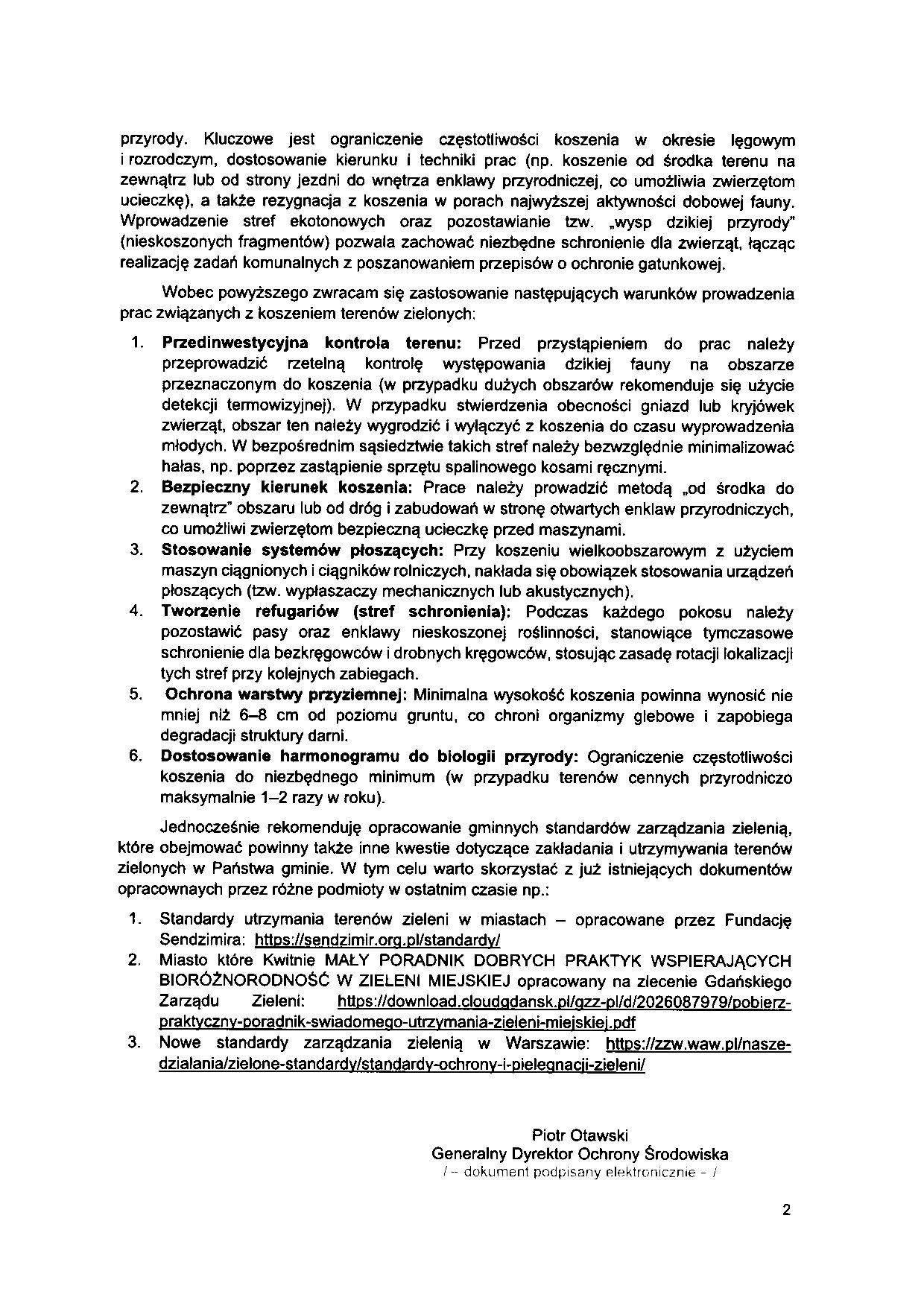 Dokument pisany na komputerze, zawiera tekst dotyczący koszenia łąk, ochrony przyrody i zaleceń w tym zakresie. Na dole podpis Generała Dyrektora Ochrony Środowiska, Piotra Otawskiego.