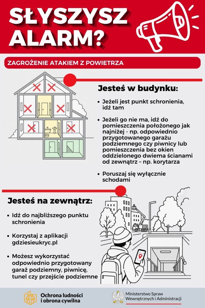 Plakat informacyjny o zachowaniu podczas zagrożenia atakiem z powietrza. Zawiera instrukcje, co robić w budynku i na zewnątrz oraz grafikę przedstawiającą dom, osobę biegnącą i alarm. Logo Ochrony Ludności i Ministerstwa Spraw Wewnętrznych i Administracji.